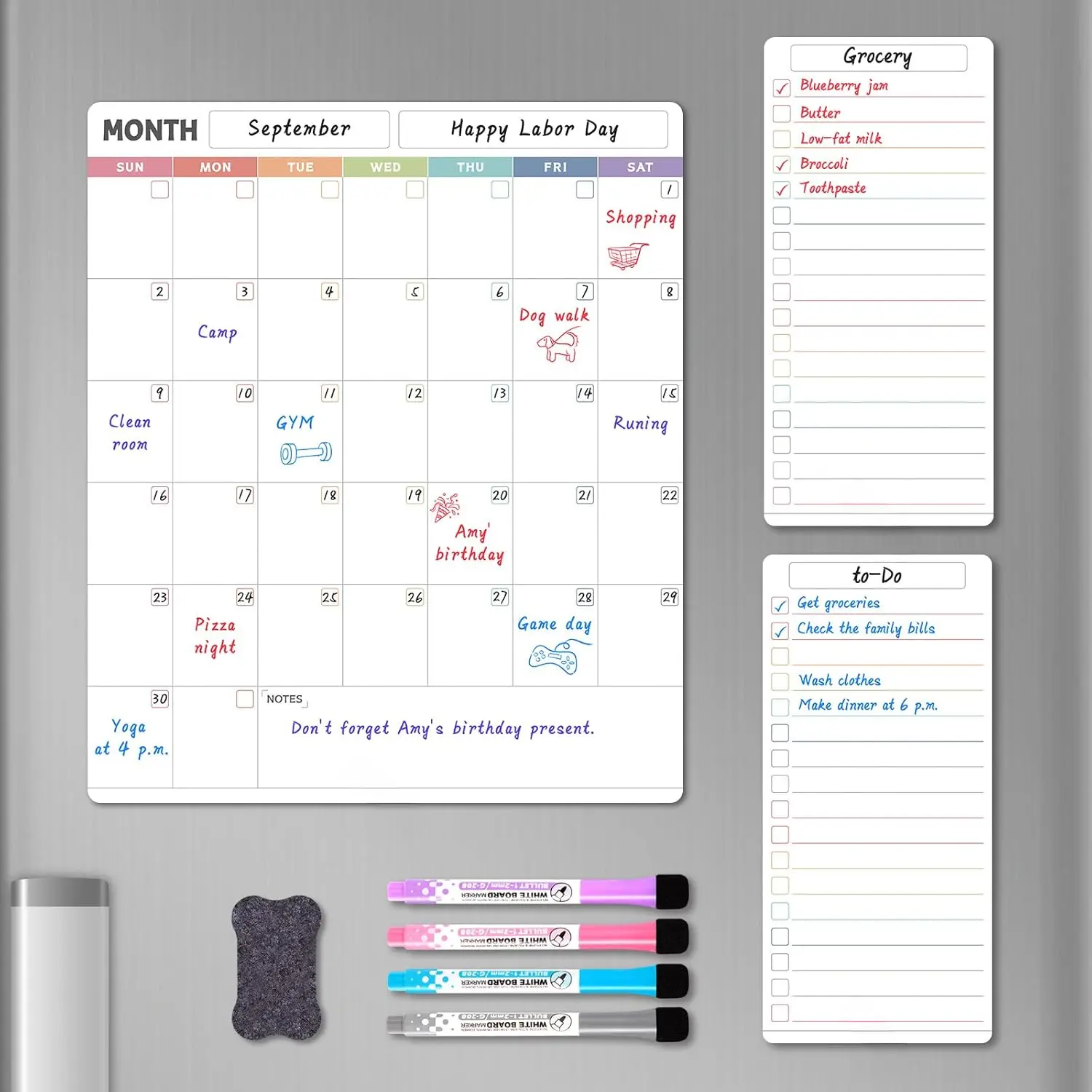 Dry Erase Refrigerator Calendar, Vertical Monthly Calendar Whiteboard for Fridge, Includes Fridge Calendar & 2 List White Boards, 4 Markers + Eraser