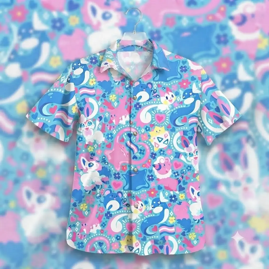 2026 Hot Hawaiian Sets PKM Fresh Summer Beach Wear Kawaii Pink Blue Friends Tropical Anime Aloha Shirt Matching Shorts Casual Button Up Top Youthful Bold Pastel Vibe Festival Clothing Premium Holiday Gift For All Ages Family Outfits