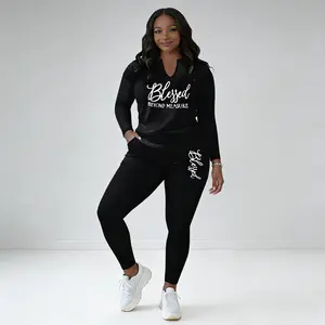【Plus Size】Two-Piece Set: Letter Print Long-Sleeve T-Shirt & Slim-Fit Pants A two-piece ensemble featuring a casual basic top and trousers. Ideal for everyday outdoor wear, perfect for urban women. Stylish outfit for apple-shaped figures.