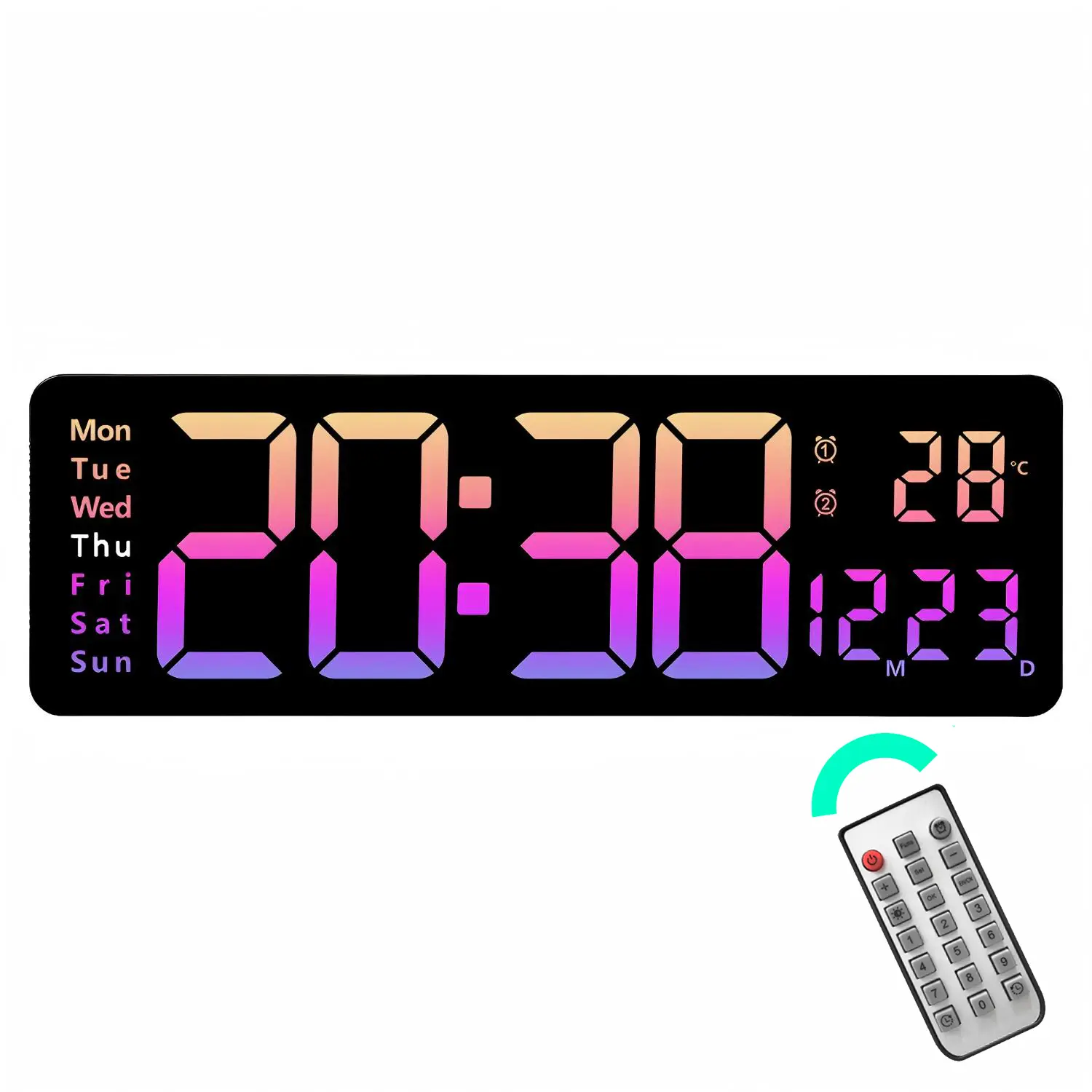 16" Large Digital Wall Clock RGB LED Display for Classroom with Remote Auto DST, Temp & Date Display, Large Easy-Read Numbers, Classroom, Office, Gym & Home, Senior Friendly