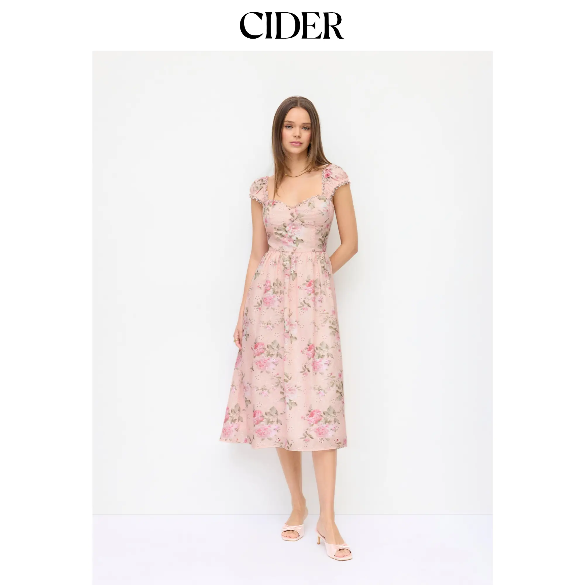 Cider Women's Eyelet Floral Sweetheart Neck Shirred Flared Midi Dress, Medium Stretch Shirred Dress, Sizes XXS-XL (L-8, M-6), Polyester, Casual Wear