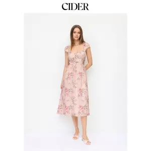Cider Eyelet Floral Sweetheart Neck Shirred Flared Midi Dress