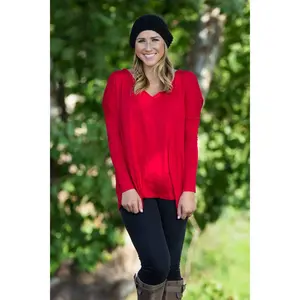 Long Sleeve V-Neck Piko Top - Red
