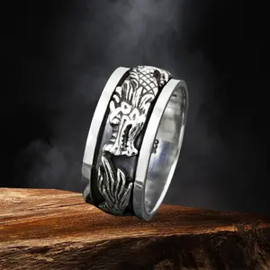 Men's Sterling Silver Fidget Spinner Band, Stress Buster Rotating Ring for Husband, Unique Dragon Men's Fidget Ring Gift, Handmade Jewelry