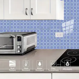 Blue Floral Embossed Tile Stickers, Peel & Stick Ceramic Wall Tiles, DIY Home Wall Refresh, Waterproof Self-Adhesive for Bathroom Kitchen Living Room Bedroom