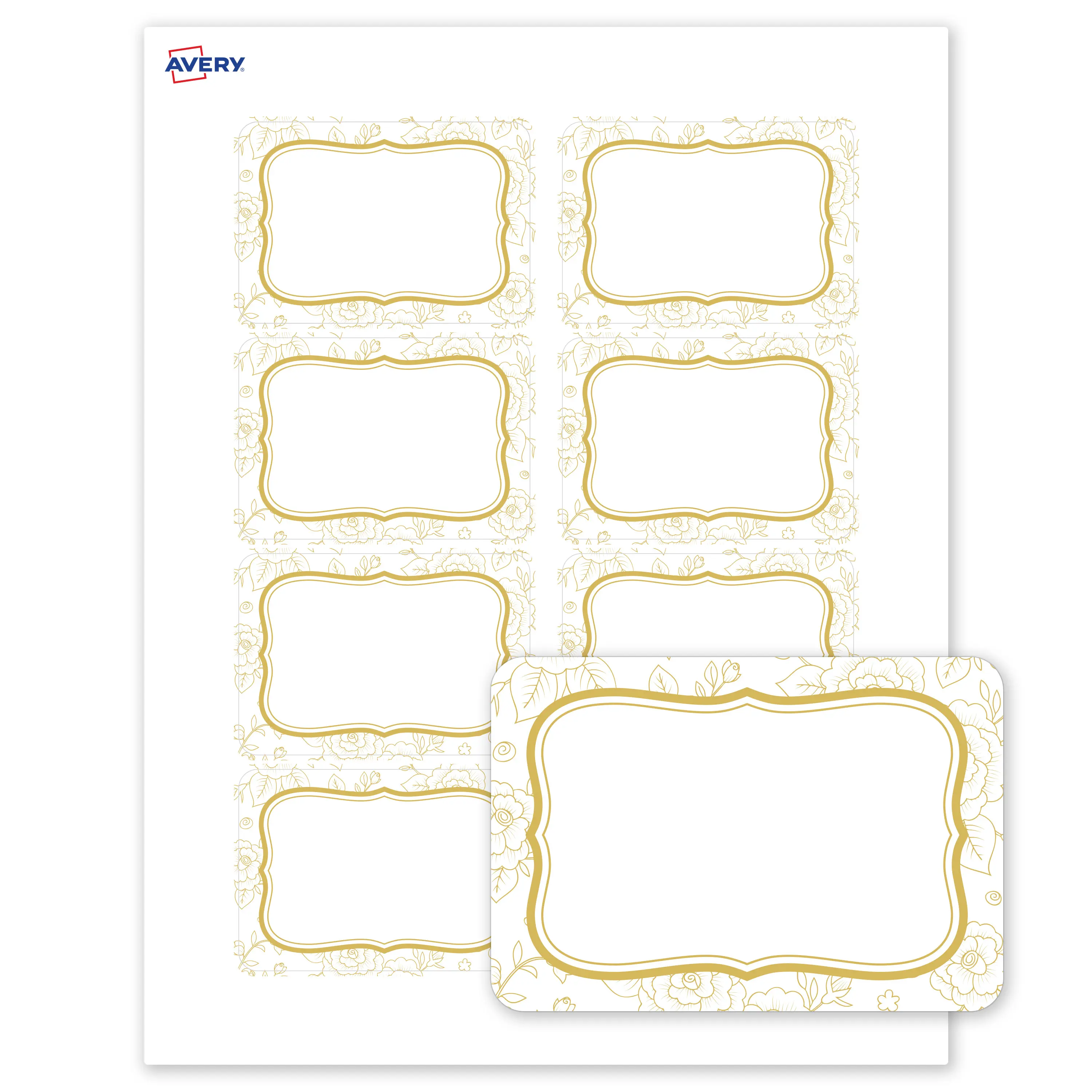 Avery® Printable Adhesive Name Tags Name Badges, 2-1/3" x 3-3/8", Matte White, Pre-printed Metallic Gold Flourish Border Design Great for Weddings, Laser & Inkjet Compatible, 160 Total