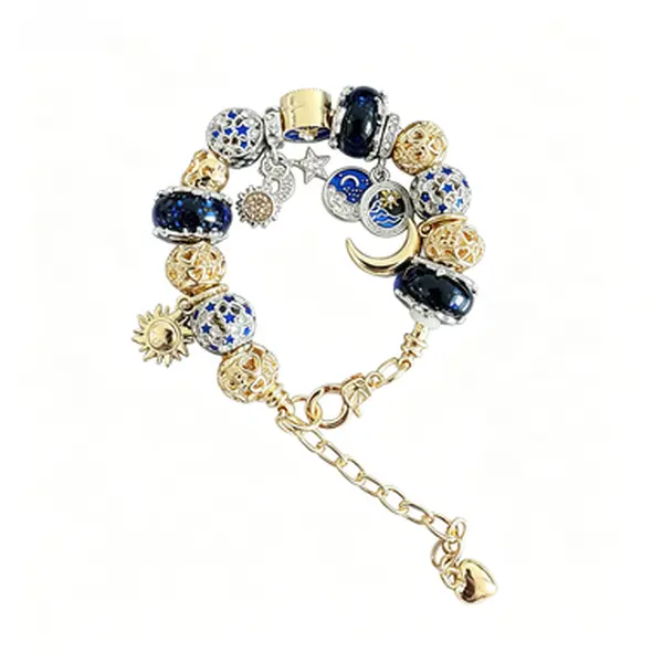 Starry Sky Sun Moon Charm Bracelet, Two-Tone Gold Silver Snake Chain Beaded Bracelet, Dark Blue Star Glass Beads Crescent Star Sun Pendant Celestial Wrist Jewelry, Adjustable Stackable Bracelet Gift for Women Teen Girls Astronomy Lovers