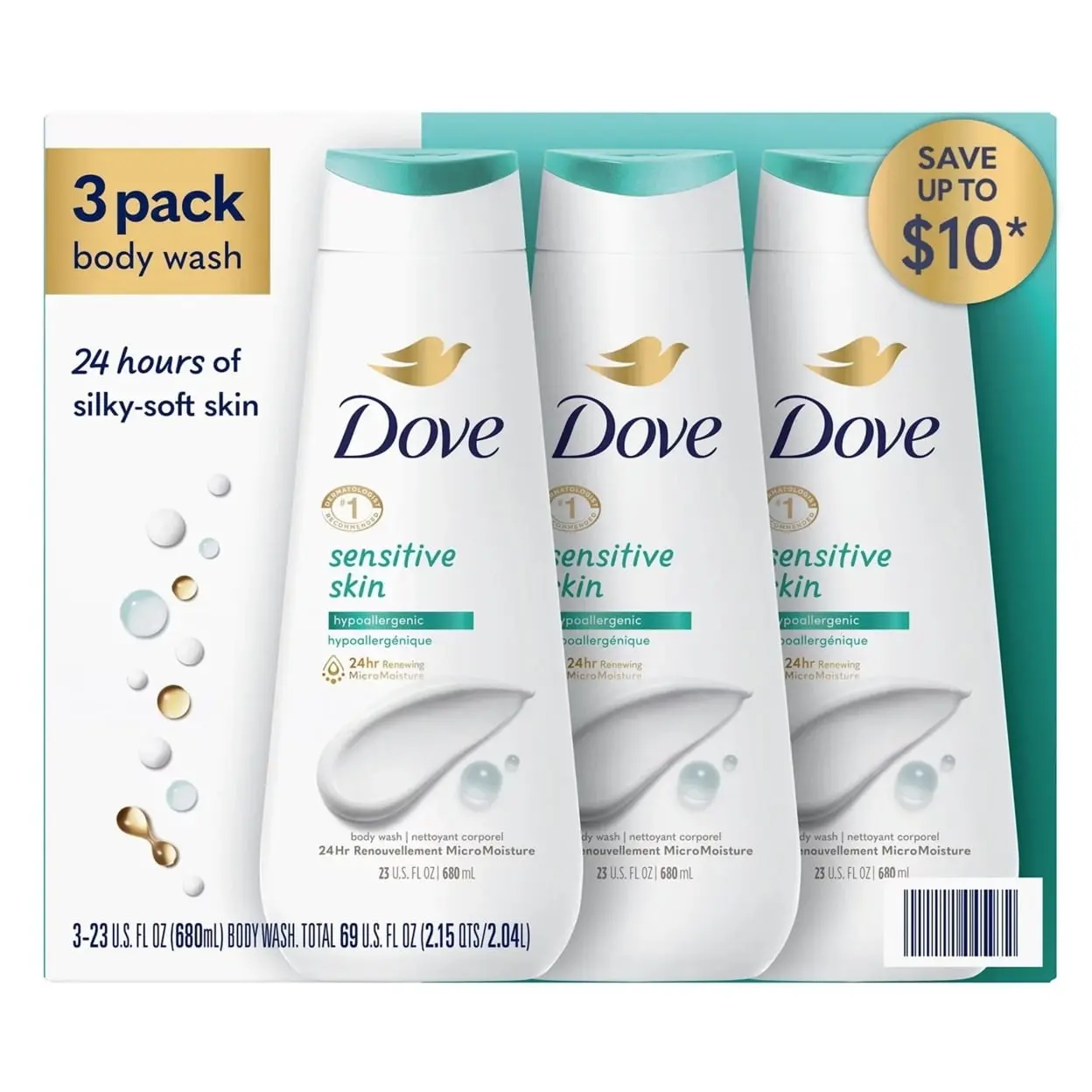 Dove Sensitive Skin Nourishing Body Wash Cleanser - Fragrance-Free, Hypoallergenic, Vegan, 24-Hour MicroMoisture, Daily Body Care to Moisturize, 23 fl oz Bottles, Pack of 3, Gentle