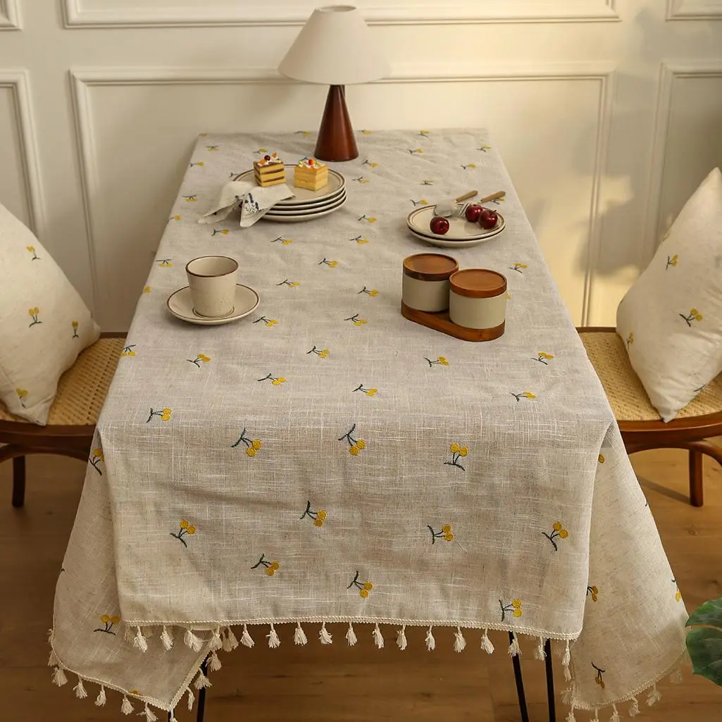 Cherry Pattern Linen Tablecloth, 1 Count Exquisite Embroidered Tablecloth, Table Decoration Supplies for Home Kitchen Dining Room, Washable Table Cover