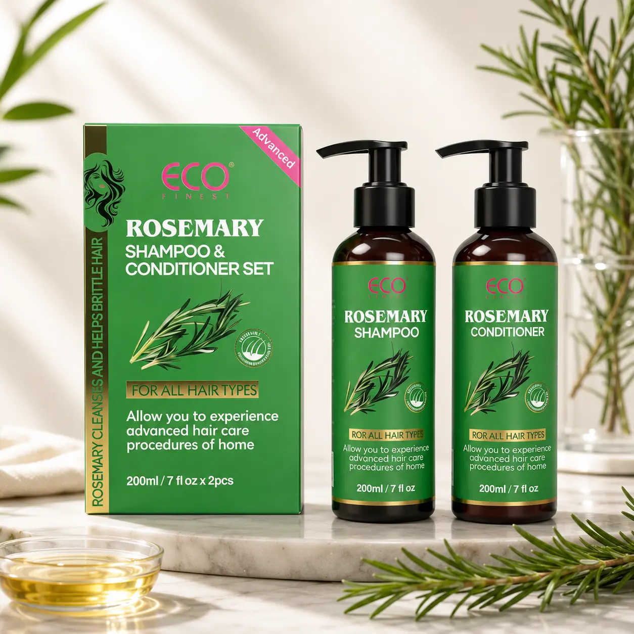 ECO Finest Rosemary & Peppermint Shampoo and Conditioner Set - Gentle Daily Cleansing to Restore Hair, Promote Growth & Strengthen - Silicone-Free Formula for All Hair Types, Men & Women, Plant, Moisture