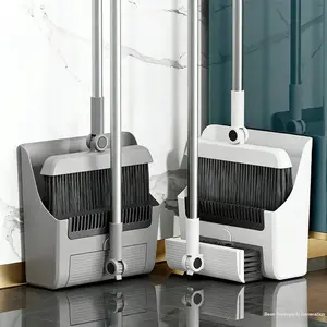 Three-In-One Broom Dustpan Set, Foldable Non-Stick Broom with Scraper Brush, Standing Trash Can, Pet Hair/debris Cleaner for Kitchen Living Room Bedroom