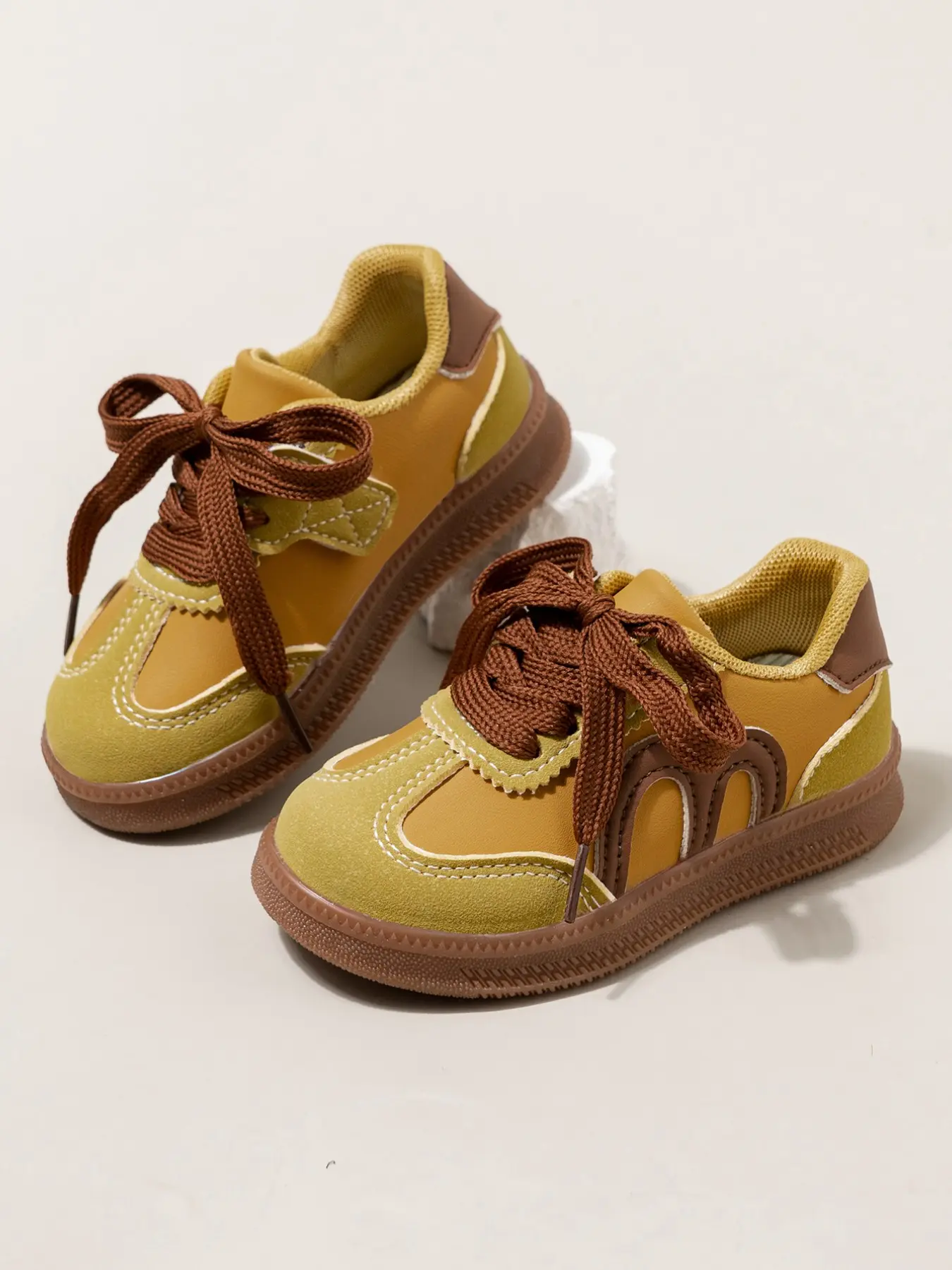 Retro Casual Shoes, Mustard Melanin Color Suede Patchwork Sports Shoes, Unisex Vintage Sole Board Shoes, Trendy Agony Shoes