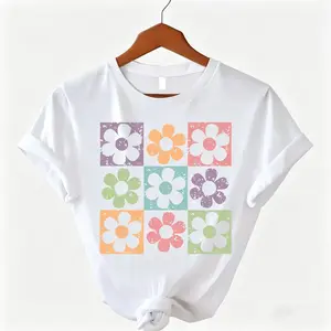 Women'S Floral Print T-Shirt - Soft, Breathable, Casual Round Neck Tee with Vibrant Pastel Flower Design for Spring/ Summer Outdoor Activities, Ladies T Shirts Inspirational Dual-Sided Cotton