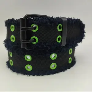 Fashion Rock Style Men's Plush Lace Double Row Hole Button Trend Personality Casual Belt with Green Eyelets Solid Color Buckle