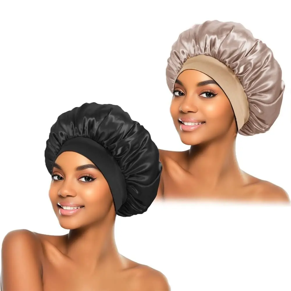 2 count Silk Bonnet for Sleeping, Satin Hair Bonnets, Soft Elastic Band Silk Sleep Cap, Hair Wrap for Women (Black )