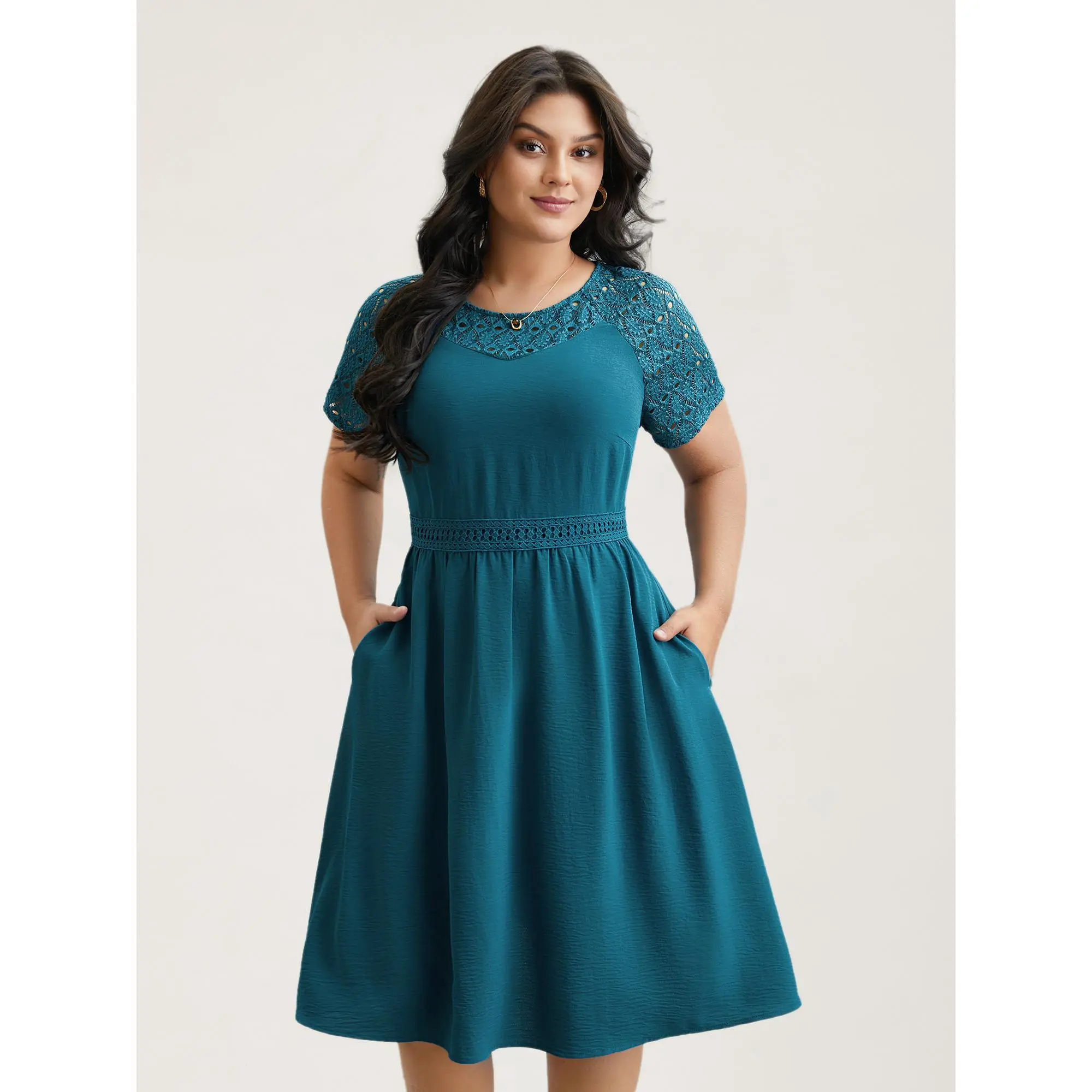 BloomChic Women's Plus Size Casual Wear Solid Basic Raglan Short Sleeve Mini Dress (M-6X) - 2026 Summer Piece, Smooth Spandex-Polyester-Elastane Fabric, Regular Fit Green Round Neck, Lace Cut-Out, Mesh Panels, Pocket, Above Knee, Low Iron, Shortsleeve, Pl