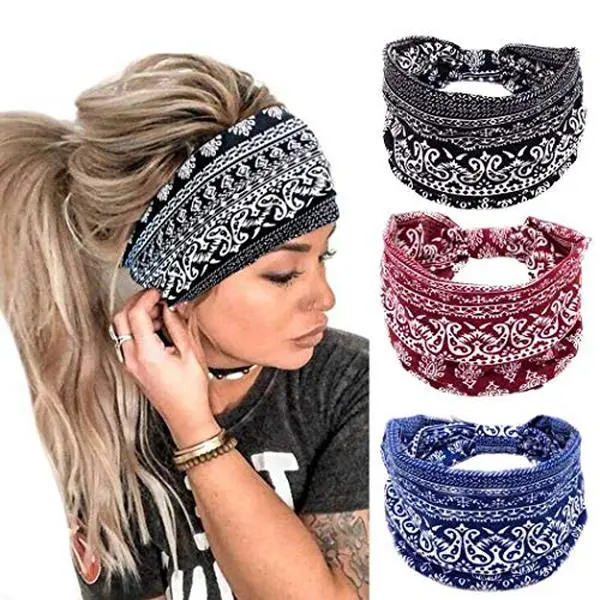 Boho Headbands for Women, Classic  Print, 3 Pack, Yoga Sports Hair Accessories, Navy Blue, Black, Burgundy