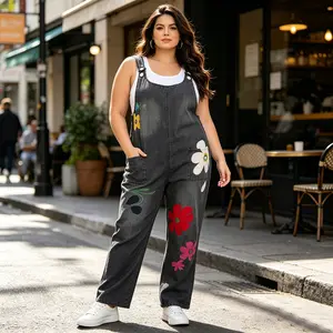 MNLYBABY Women's Denim Floral Pattern Jumpsuit Adjustable Straps U Neck Jeans Fine Pockets One Piece Denim Set