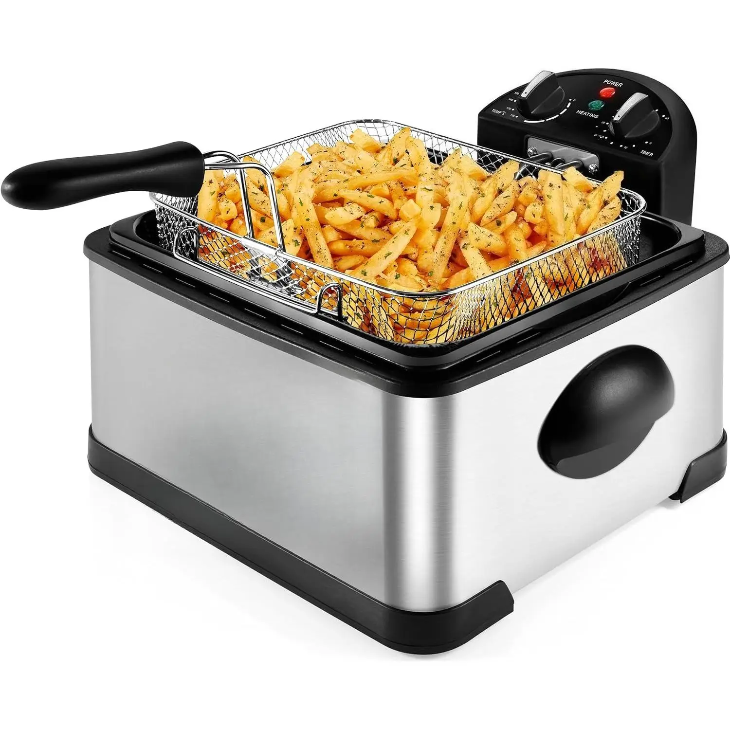 4.5 Liter Deep Fryer w/Basket Strainer, XL Jumbo Size, Adjustable Temperature & Timer, Perfect for Fried Chicken, Shrimp, French Fries, Chips & More,