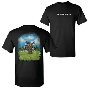 Deadthreads Golf T-Shirt, Vintage Golfer Kneeling Illustration with Moody Sky and Green, Classic Putt Focus Back Design, Soft Cotton Blend Shirt, Dark Streetwear Golf Apparel for Men and Women, Gift for Golfers with Grit