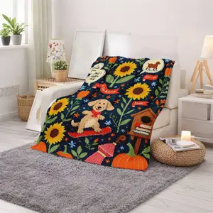 Sunflower Pumpkin Dog Skateboard Floral Pattern Cozy Throw Blanket for Home Bedroom Living Room Decorative Use Perfect Autumn Seasonal Gift for Animal Lovers Pet Enthusiasts Thanksgiving Christmas Holiday Presents Warm S