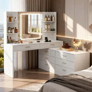 63' Vanity Desk with LED Light Mirror & Power Outlet, 8 Drawers, 6 Storage Shelves, 3 Color Modes & Adjustable Brightness Makeup Vanity, Corner Vanity, L Shape Vanity, tiktokshopspringglowup