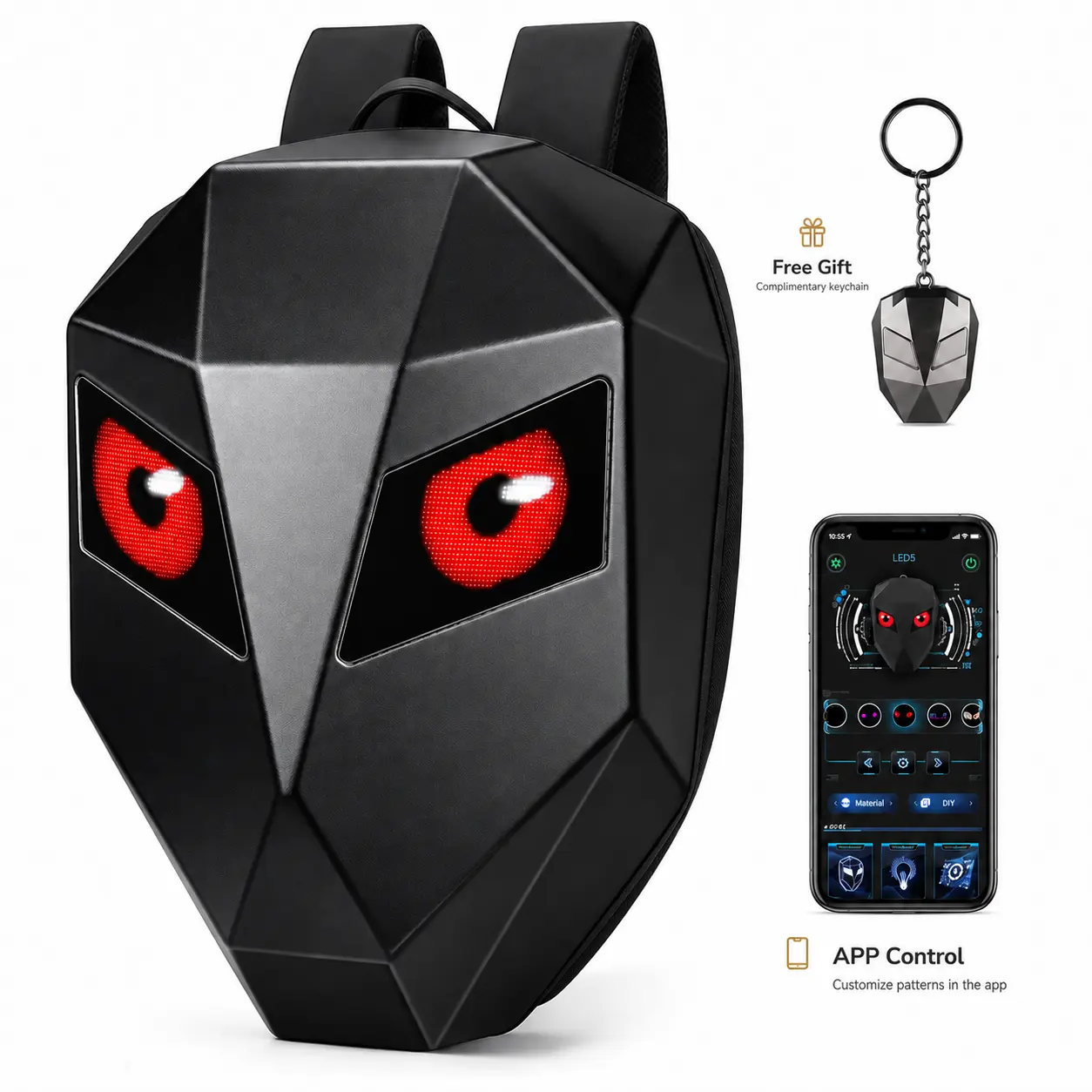 19" Capacity ABS Hard Shell LED Motorcycle Backpack with Adjustable Strap, Programmable Eyes, Bluetooth App-Controlled, USB Powered, Accessories Included, Power Bank Not Included