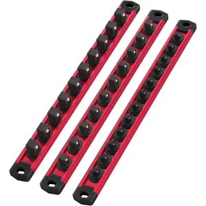 WORKPRO Magnetic Socket Organizer Set, 3-Piece Aluminum Alloy Socket Rail, Heavy Duty Socket Holder, Socket Rack Kit 1/4-Inch x 12 Clips, 3/8-Inch x 10 Clips, 1/2-Inch x 10 Clips (Red)
