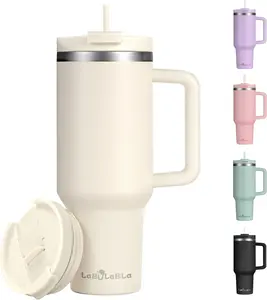 40oz Tumbler with Handle,Double Wall Vacuum Reusable Stainless Steel Insulated Water Bottle,With Leak Proof lid and Straw for Iced or Cold Beverages (Beige)