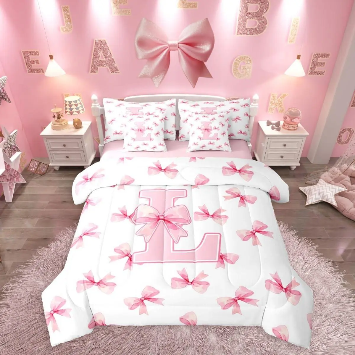 Pink Bow Letter 7 Pcs Bedding Set,Personalized Letter L Bed in a Bag,Aesthetic Coquette Bowknot Bed Set Includes Comforter,Sheet Set,Pillowcases & Pillow Covers,Cute Bow Bedroom Decor