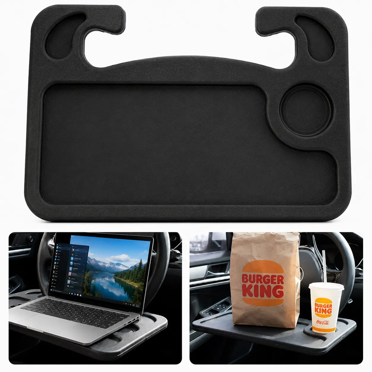 Black ABS Multi-Functional Steering Wheel Tray - Portable Car Interior Table, Universal Fit for Common Models, Secure Sturdy Installation, Temporary Parking Travel Gadget