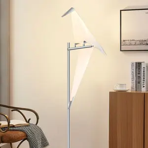 Silver Paper Crane Shaped Floor Lamp - 69 Inches Height - Integrated LED - Iron Body & PVC Shade - Modern Design for Living Room, Bedroom, Study Room