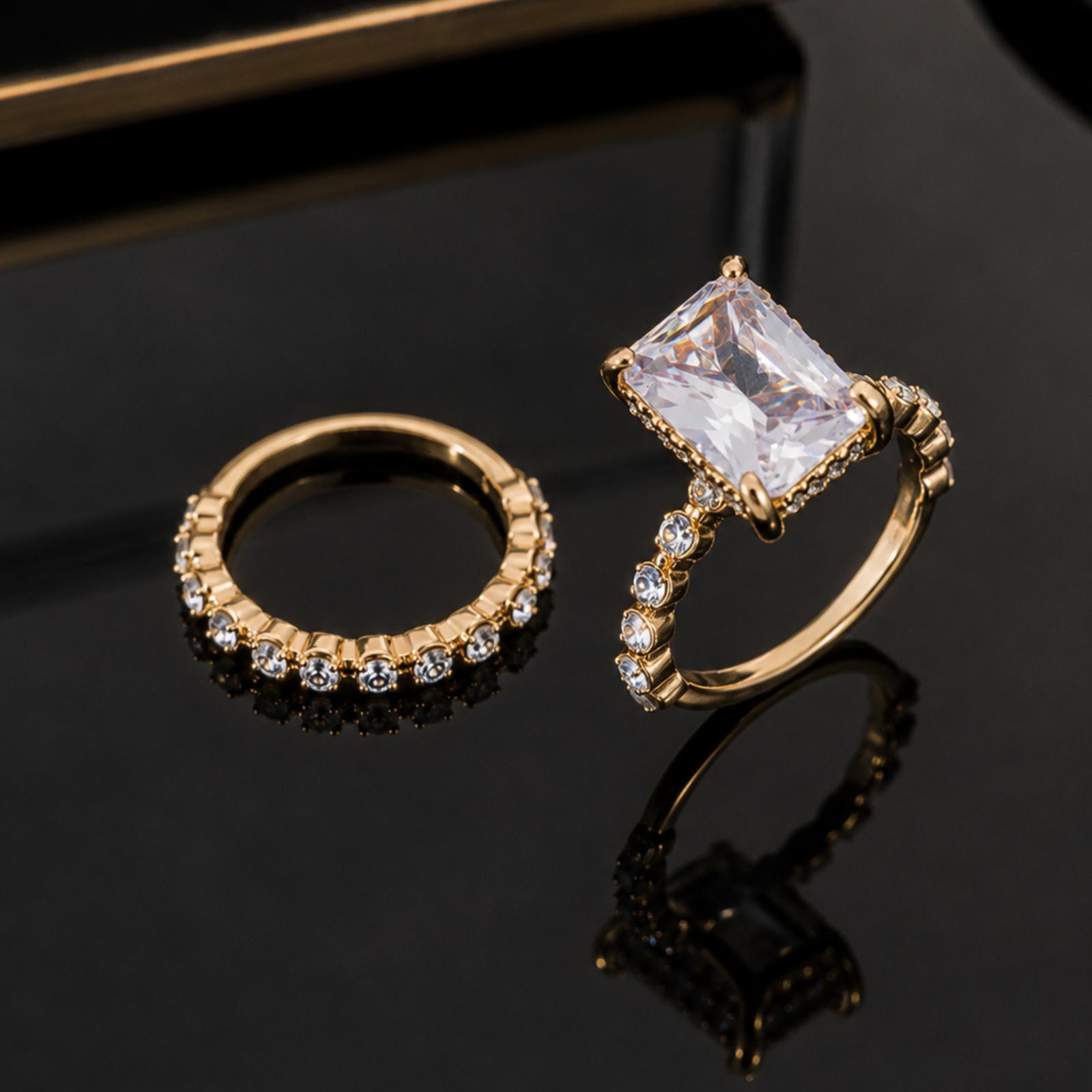 Women's 2-Piece Cubic Zirconia Ring Set – Gold-Plated Jewelry Suitable for Engagement, Promise, or Anniversary Gifts.