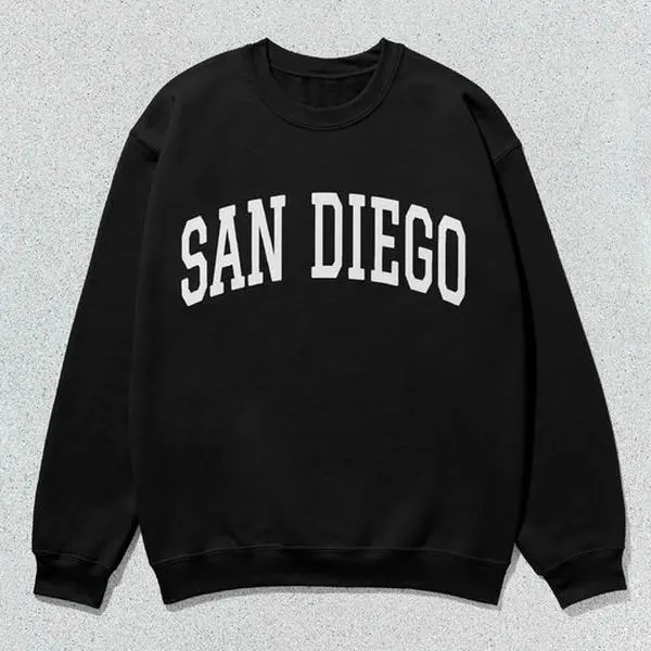 Men's Crew Neck Menswear Sweatshirt - Minimalist Preppy Slogan Print San Diego Collegiate Graphic, Casual Long Sleeve Unisex Pullover Top