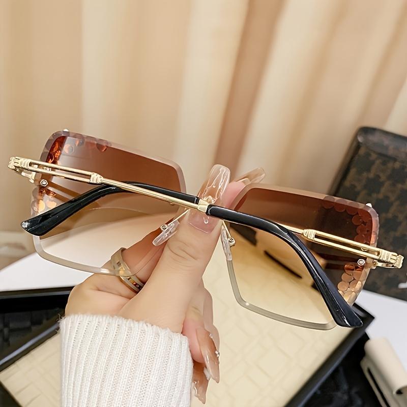 Frameless Gradient Fashion Glasses for Women Pink-Plated Metal Accents Square Lenses Lightweight Eyewear for Casual Outings and Photo Shoots Oversized Aviator Nighttime Yellow Tint Trendy Rectangle Sunglasses Cute Women's Cat Eye Sunglasses