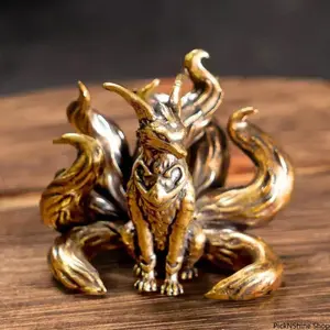 Antique Brass Nine Tailed Fox Figurine Copper Animal Statue Feng Shui Decor Mini Ornament for Home Office Desk Display Decorative Craft Collection
