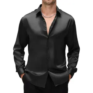 Mens Silk Satin Dress Shirts Shiny Long Sleeve Button Down Shirt Party Prom Wedding Shirt