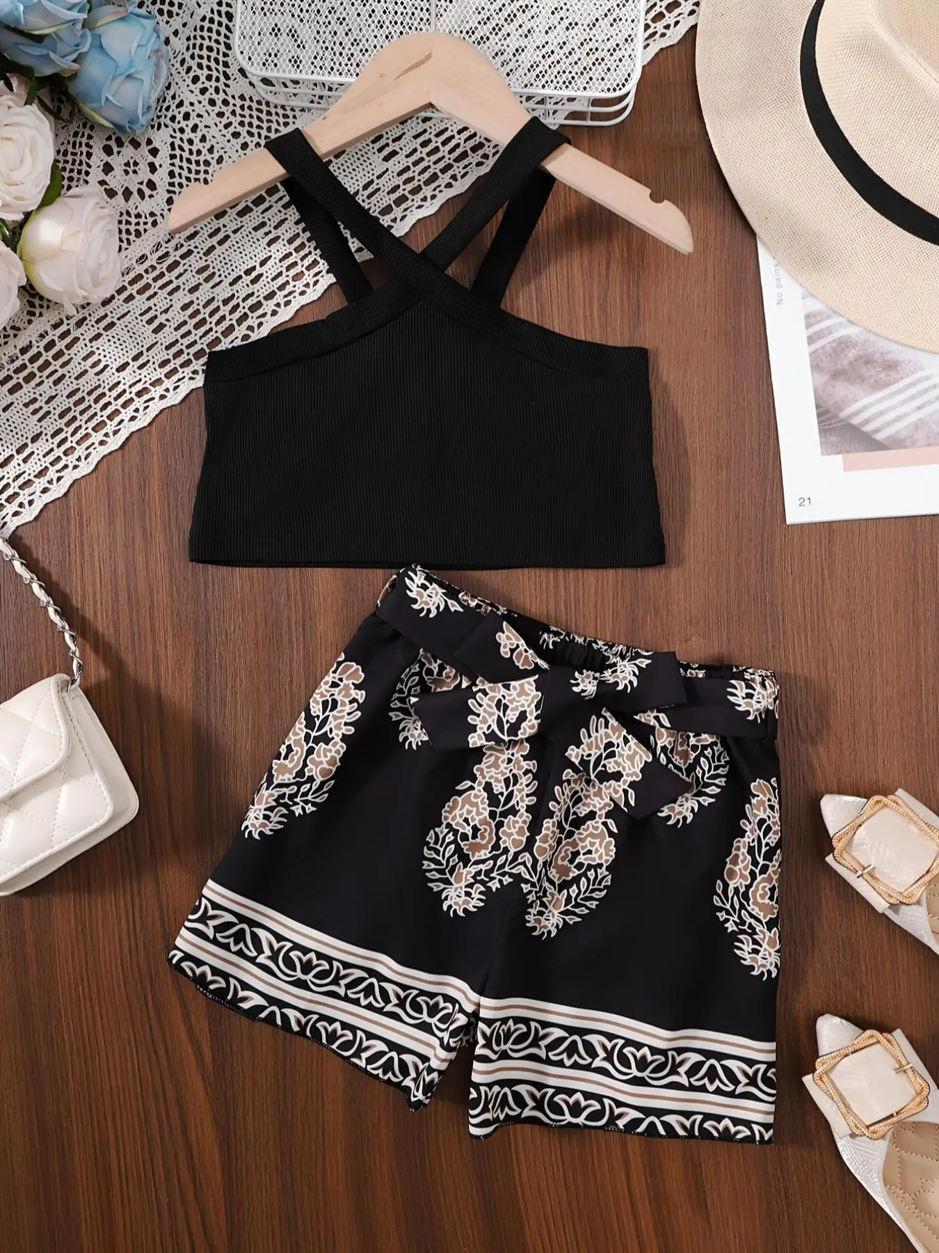 Two-Piece Set Girl's Plain Crop Tank Top & Ethnic Pattern Belted Shorts Set, Boho Sleeveless Top & Elastic Waist Shorts, Casual Summer Outfits Clothes