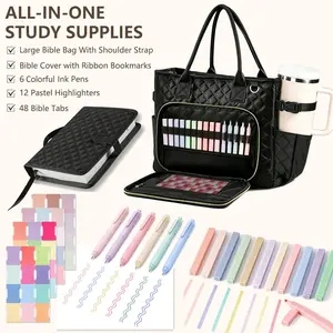 OKMARTS Bible Tote Bag with Book Cover, 12 Watercolor Pens, 6 Pens, 48 Stickers, Waterproof Church Bag with Shoulder Strap, Bible Study Supplies, Christian Gift for Women, Back to School Must-Have