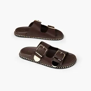 TDD Sandals for Women Flats Dark Brown Leather Slip On Buckle Slide Open Toe Summer Sandal Shoes
