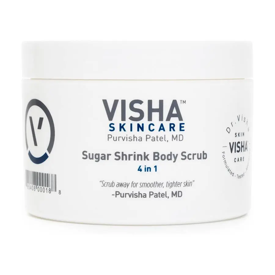 Sugar Shrink Body Scrub with Caffeine and Tea Tree Oil, Dermatologist-Formulated 4 in 1 for Exfoliating Rough Skin, Dry Patches and Cracked Heels, Smooths and Softens Face