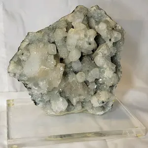 Double Terminated Apophyllite Crystals On Blue Chalcedony with MM Quartz Cluster on Acrylic Stand Home Decor