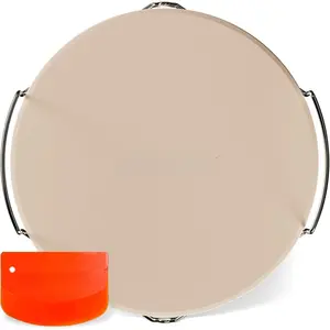 12-inch Pizza Stone for Oven and BBQ Grill with Handles, Round, 5/8" Thick -  Cordierite, 1800 ?F Resistant, Baking Stone Set with Stainless Steel Rack & Plastic Scraper Tool