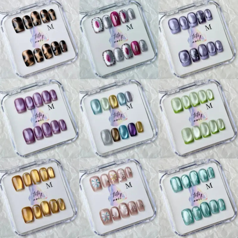 Press On Nails Short Squoval, 10pc Handmade Reusable Fake Nails Set with Gel Polish, Cat Eye & French Tip Designs, Nail Art Supplies