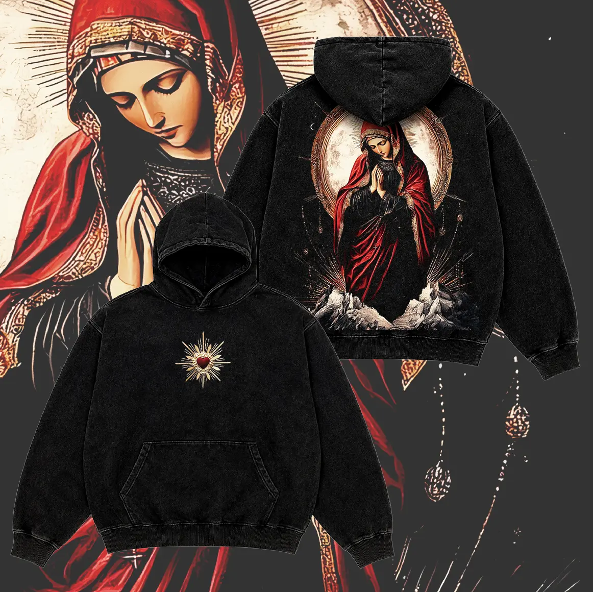 Virgin Mary Immaculate Heart Catholic Christian Menswear Vintage Washed Pullover Hoodie, Front and Back Religious Graphic, Faith Streetwear