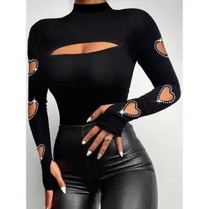 Women’s rhinestone-decorated heart-shaped cutout high-neck long-sleeve T-shirt, elegant top for spring and fall, women’s clothing for everyday wear, cute tops