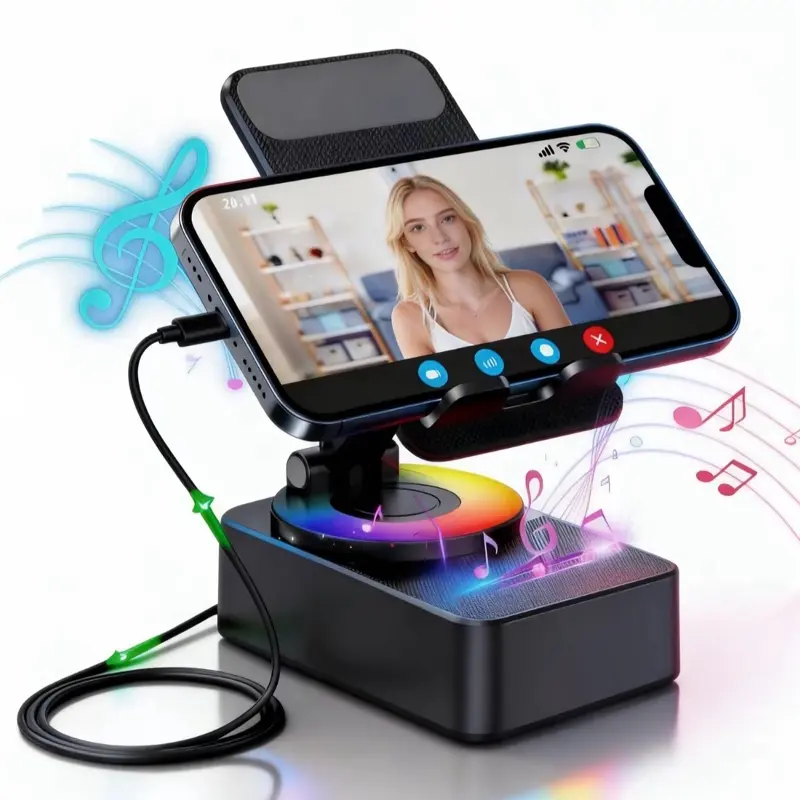 Wireless Audio Bluetooth Speaker 5in1 Phone Holder Emergency Rechargeable withColorful Ambient Light 300° Foldable for Tablet iPhone Android, Gifts for Men Women ，Black with LED Nightlight Wireless Induction Bluetooth Speaker Stand