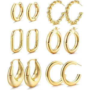 Jstyle 6Pairs Chunky Golden Hoop Earrings Set for Women Samll Gold Hoop Earrings Hypoallergenic Thick Open Huggie Hoop Earrings for Gifts Daily