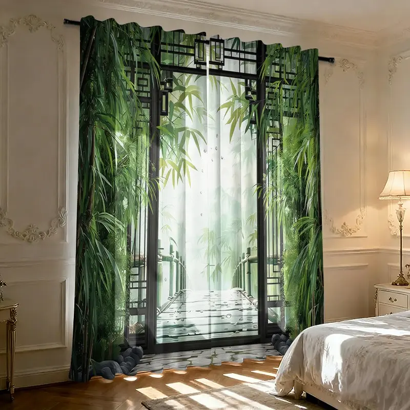 2pc, Chinese bamboo forest courtyard pattern. Installed with pocket rods. Digital printed curtains Window Drapes Home Decorative Curtain. Suitable for living room, closet, bedroom, study, dining room and home decoration.