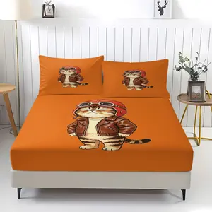 Cat pattern printed bed sheet, including 1 bed sheet and 2 pillowcases, anti slip dust cover suitable for bedrooms and guest rooms, suitable for personal use or gift giving